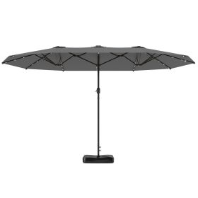 Outsunny Garden Parasol 14.4ft Double-Sided Sun Umbrella with Base, Patio Parasol with LED Solar Lights, Gray
