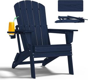 HDPE Folding Adirondack Chairs With Cup Holder (Option: Navy blue-4pack)